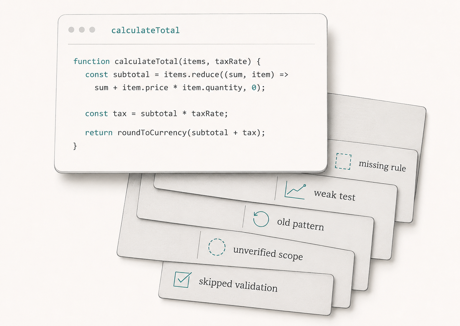 Clean code panel sitting above hidden review weaknesses including missing rule, weak test, old pattern, unverified scope, and skipped validation.