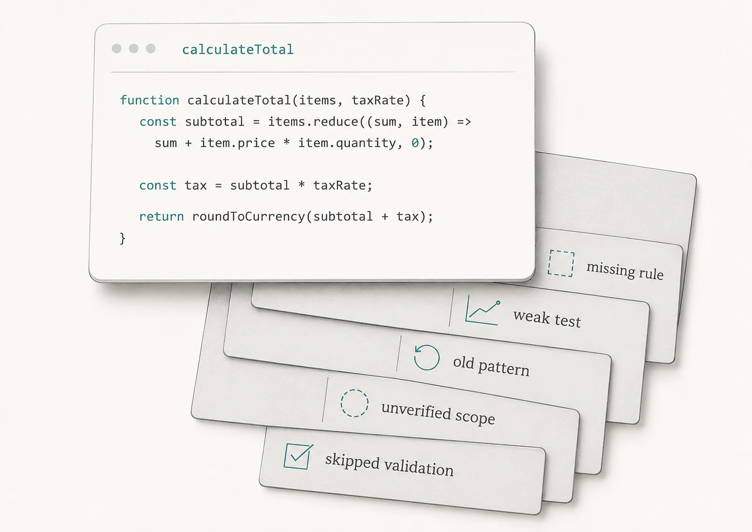 Clean code panel sitting above hidden review weaknesses including missing rule, weak test, old pattern, unverified scope, and skipped validation.