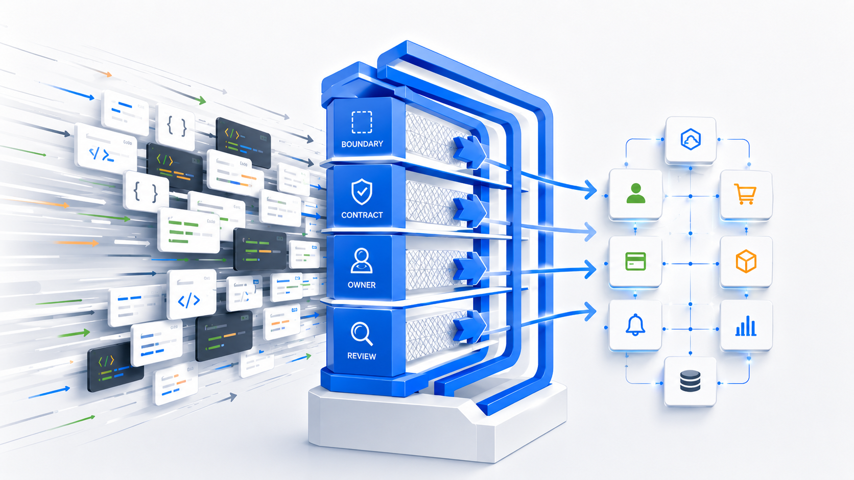 AI-generated code flowing through architecture gates for boundaries, contracts, ownership, and review before reaching connected systems.