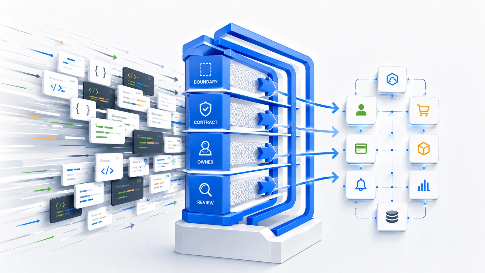 AI-generated code flowing through architecture gates for boundaries, contracts, ownership, and review before reaching connected systems.