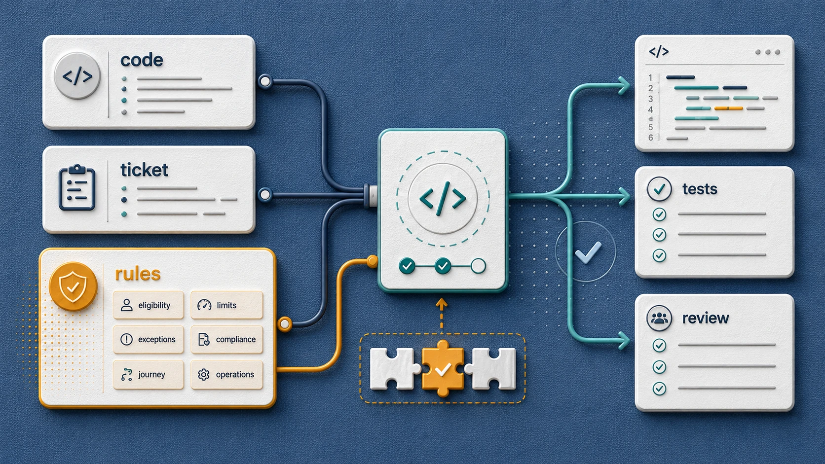 Business rules context cover showing code, ticket, and rules flowing into implementation, tests, and review outputs.