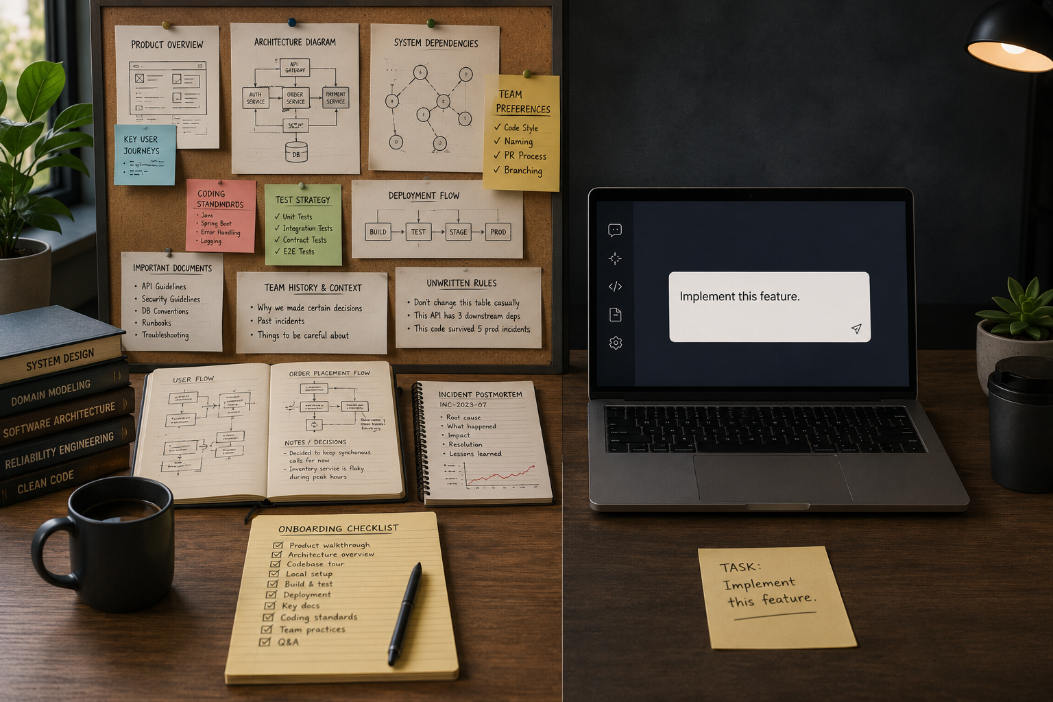 A modern software engineering desk showing many organized context documents on one side and a coding assistant interface with minimal context on the other.