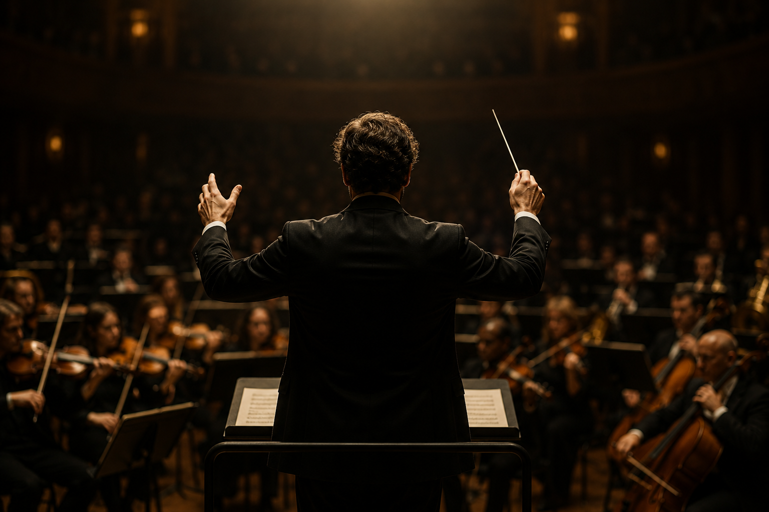 A conductor leading an orchestra from the stage, representing engineers orchestrating AI systems and software decisions.