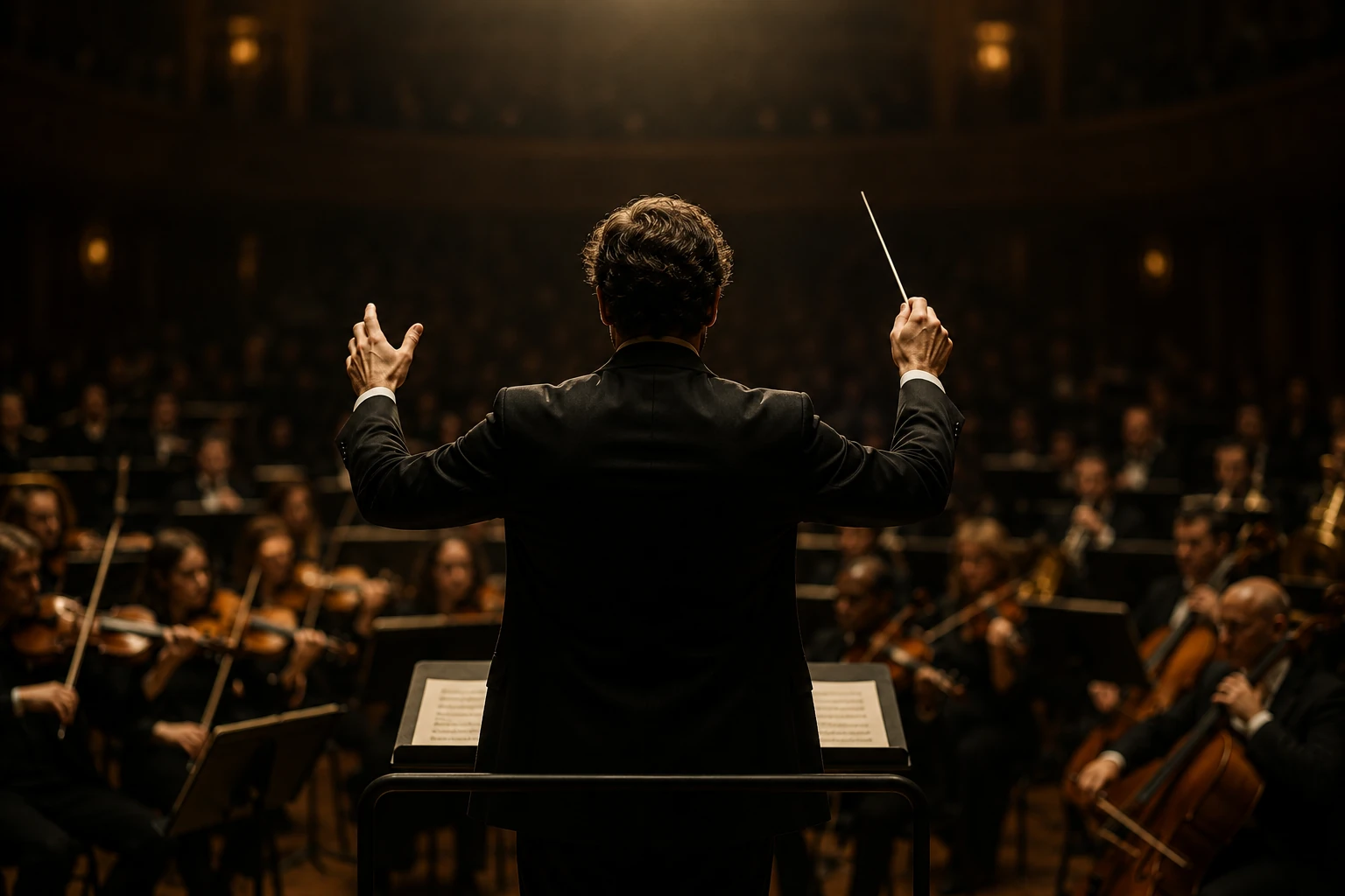 A conductor leading an orchestra from the stage, representing engineers orchestrating AI systems and software decisions.
