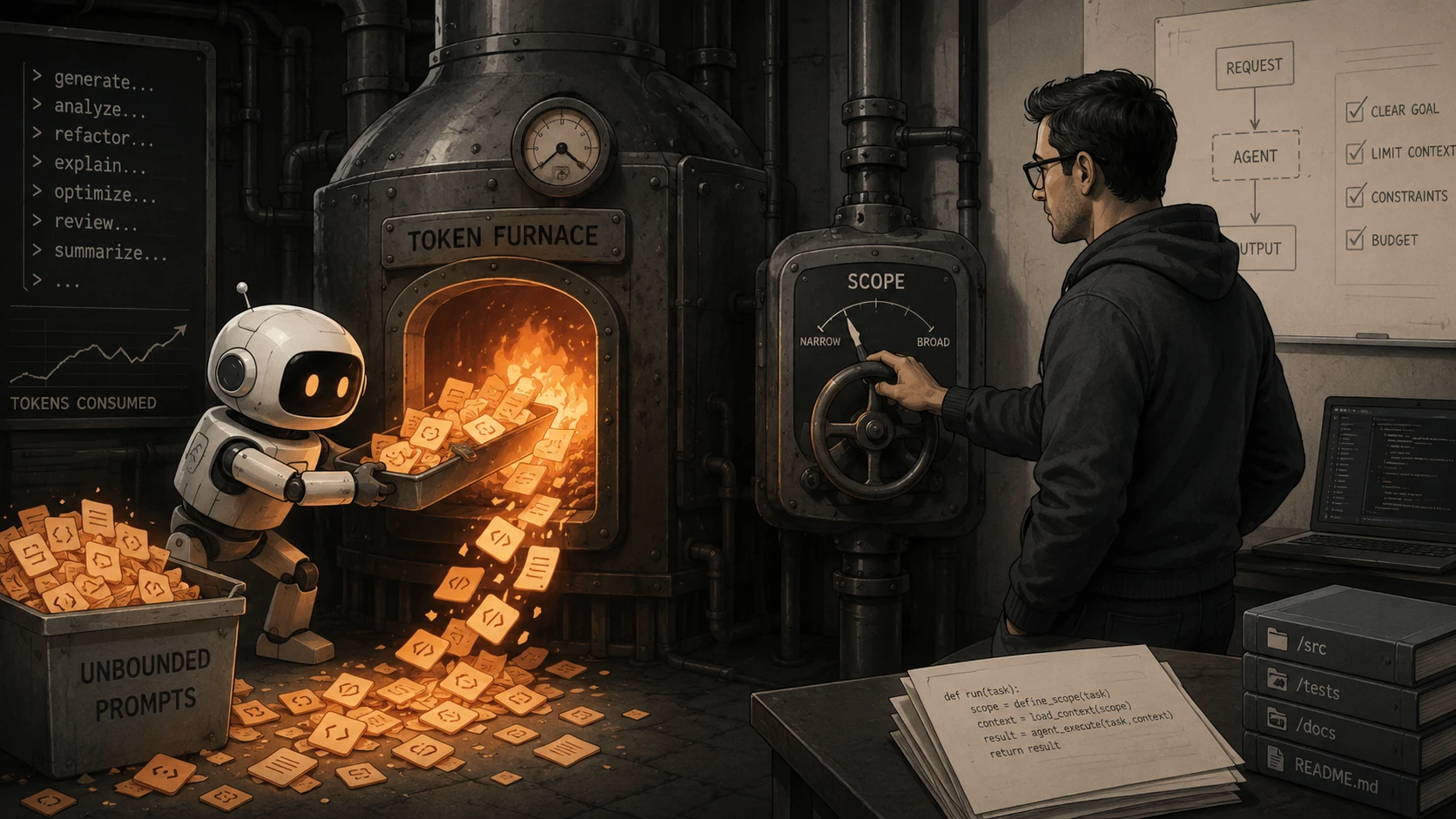 A human operator setting scope while an AI agent feeds unbounded prompts into a token furnace