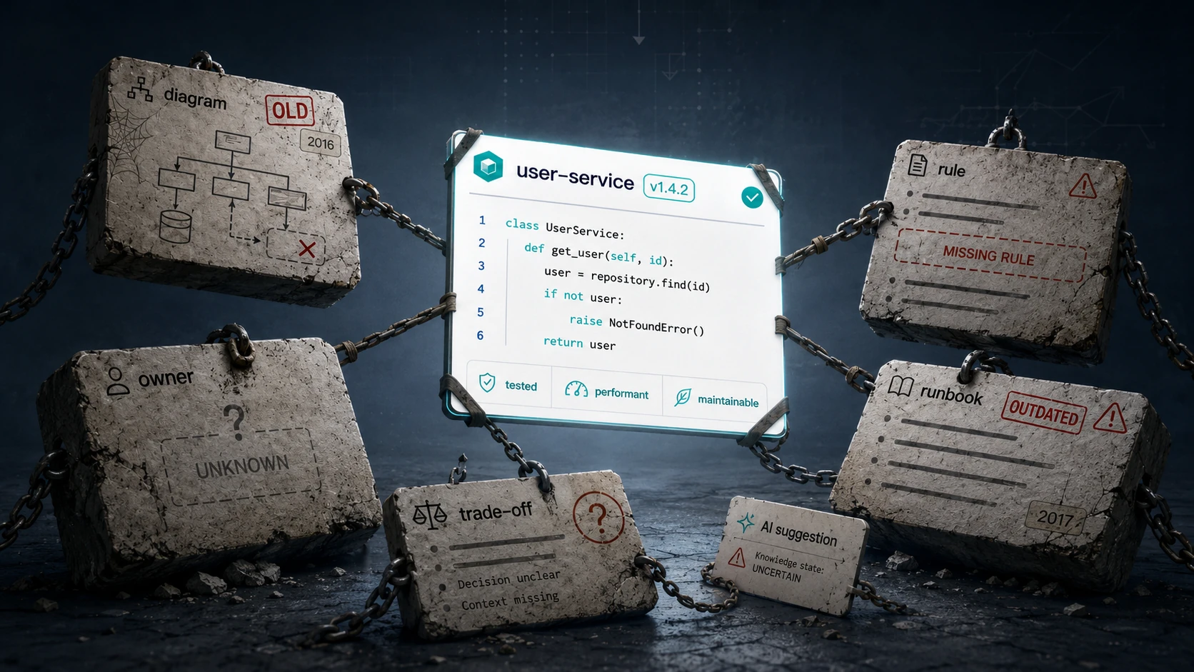 Knowledge debt cover showing a clean user-service code panel weighed down by chained blocks representing an old diagram, unknown ownership, missing rule, outdated runbook, unclear trade-off, and uncertain AI suggestion.