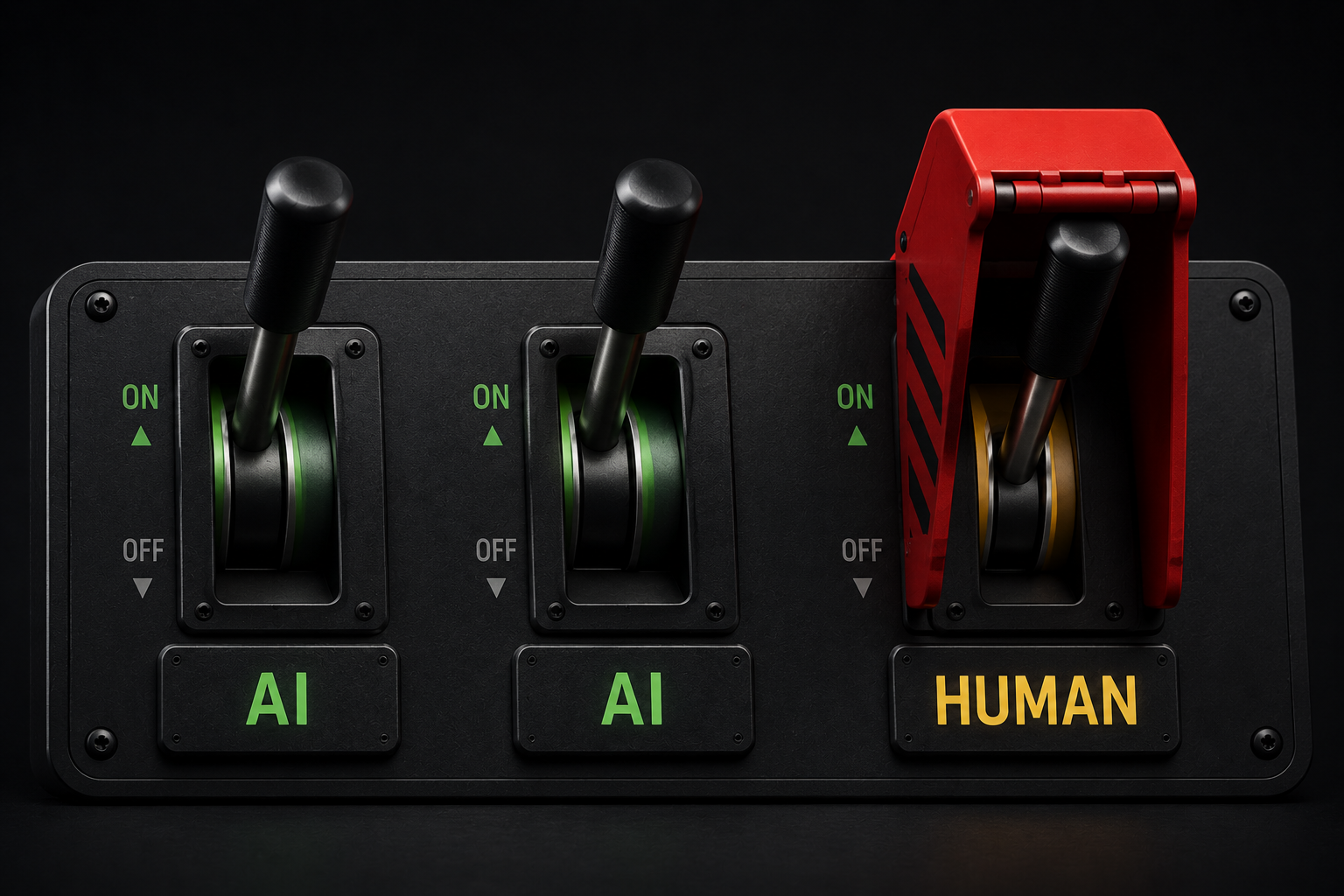 Three control levers labelled AI, AI, and HUMAN, showing that AI can help with many tasks while human control remains essential.