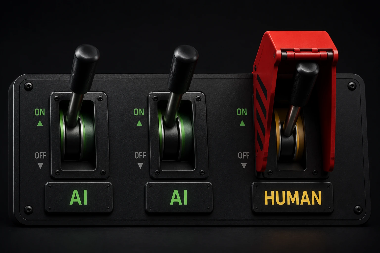 Three control levers labelled AI, AI, and HUMAN, showing that AI can help with many tasks while human control remains essential.