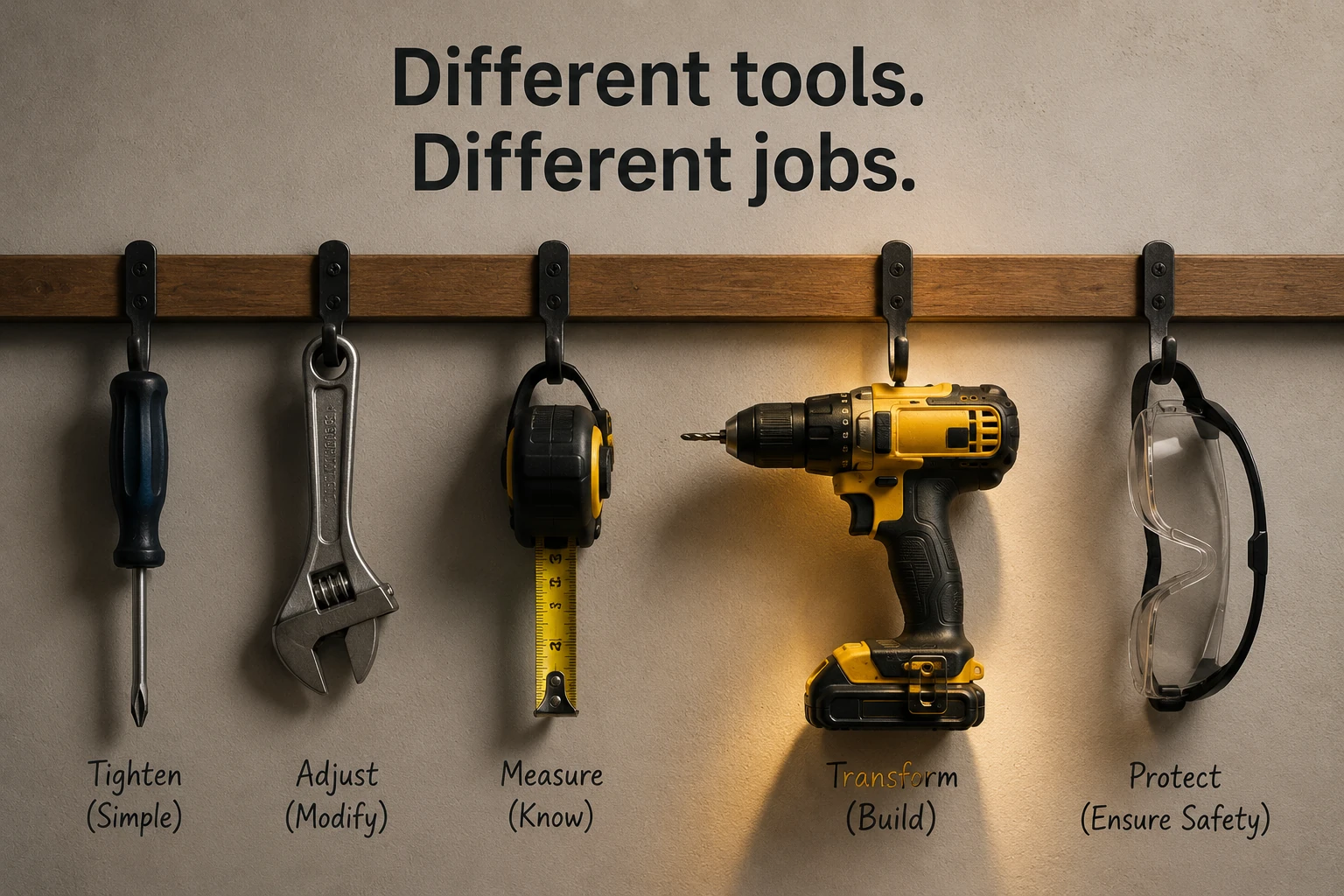 Different tools on a wall labelled tighten, adjust, measure, transform, and protect, illustrating that different engineering tasks need different tools.