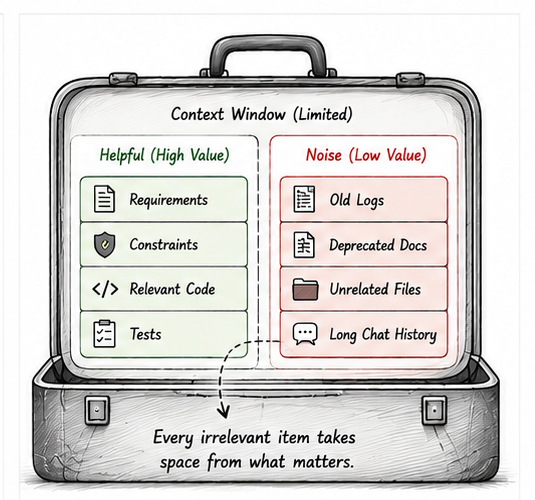 A suitcase-like context window showing high-value requirements, constraints, code, and tests competing with low-value old logs, deprecated documents, unrelated files, and long chat history.