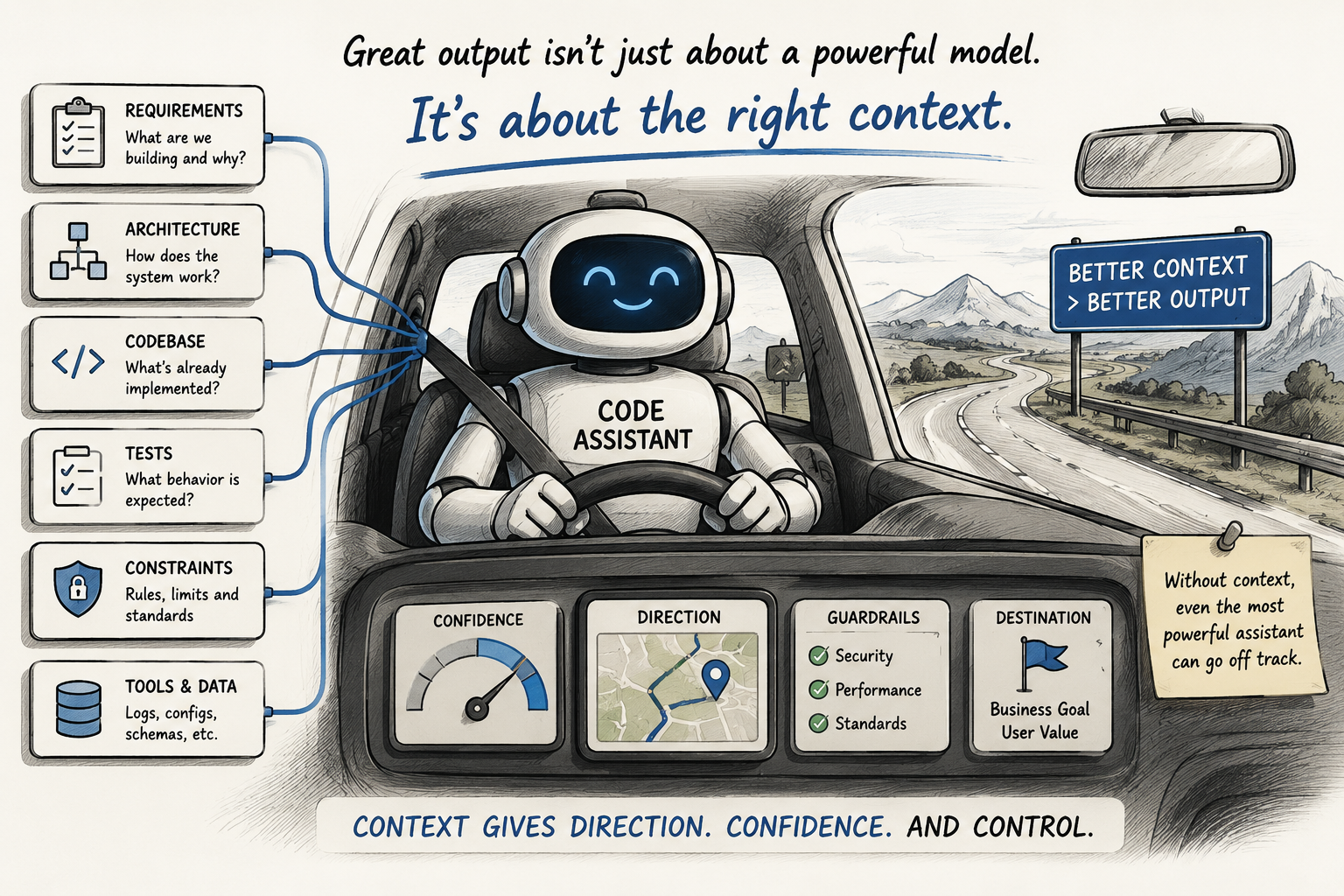 A code assistant driving with requirements, architecture, codebase, tests, constraints, tools, and data feeding into the dashboard for better direction and control.