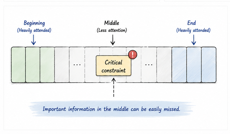Diagram showing a long context window where the beginning and end receive more attention while a critical constraint in the middle can be missed.