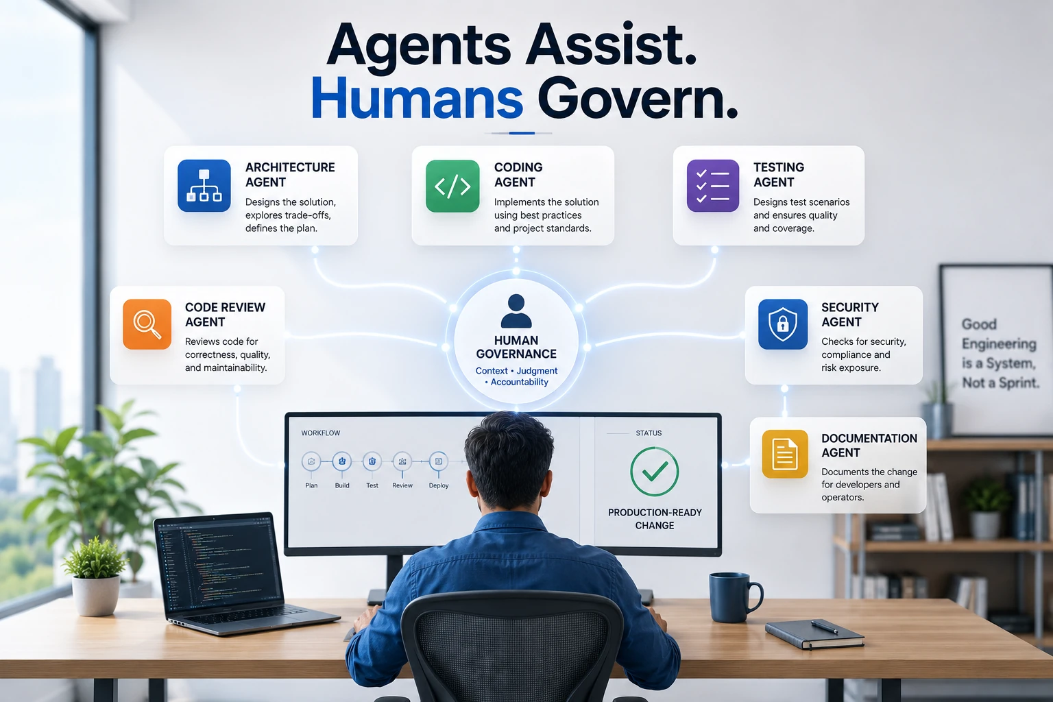 Agents assist while humans govern a multi-agent software engineering workflow