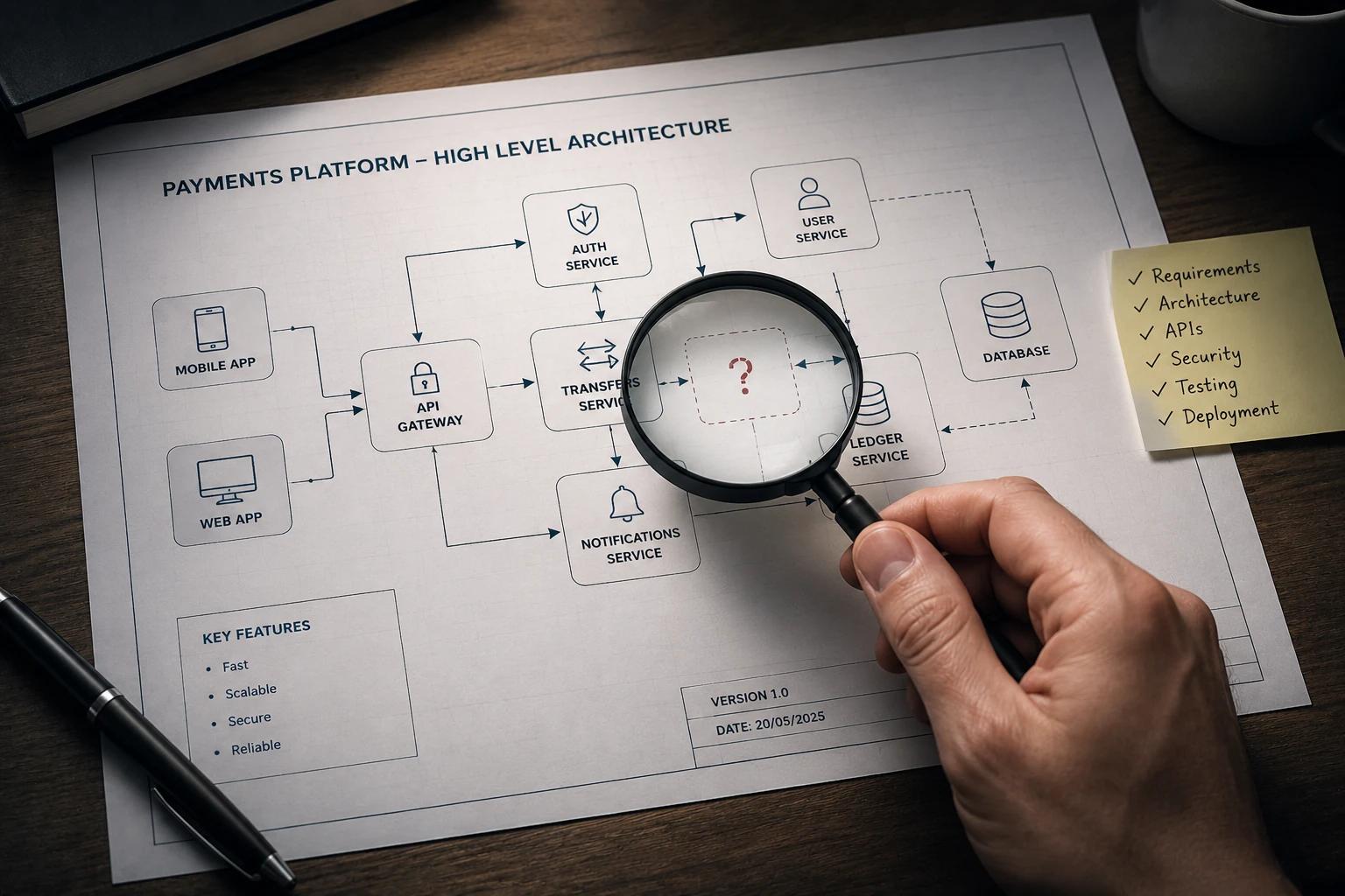 A hand holding a magnifying glass over a payments platform architecture diagram, with a checklist for requirements, architecture, APIs, security, testing, and deployment.